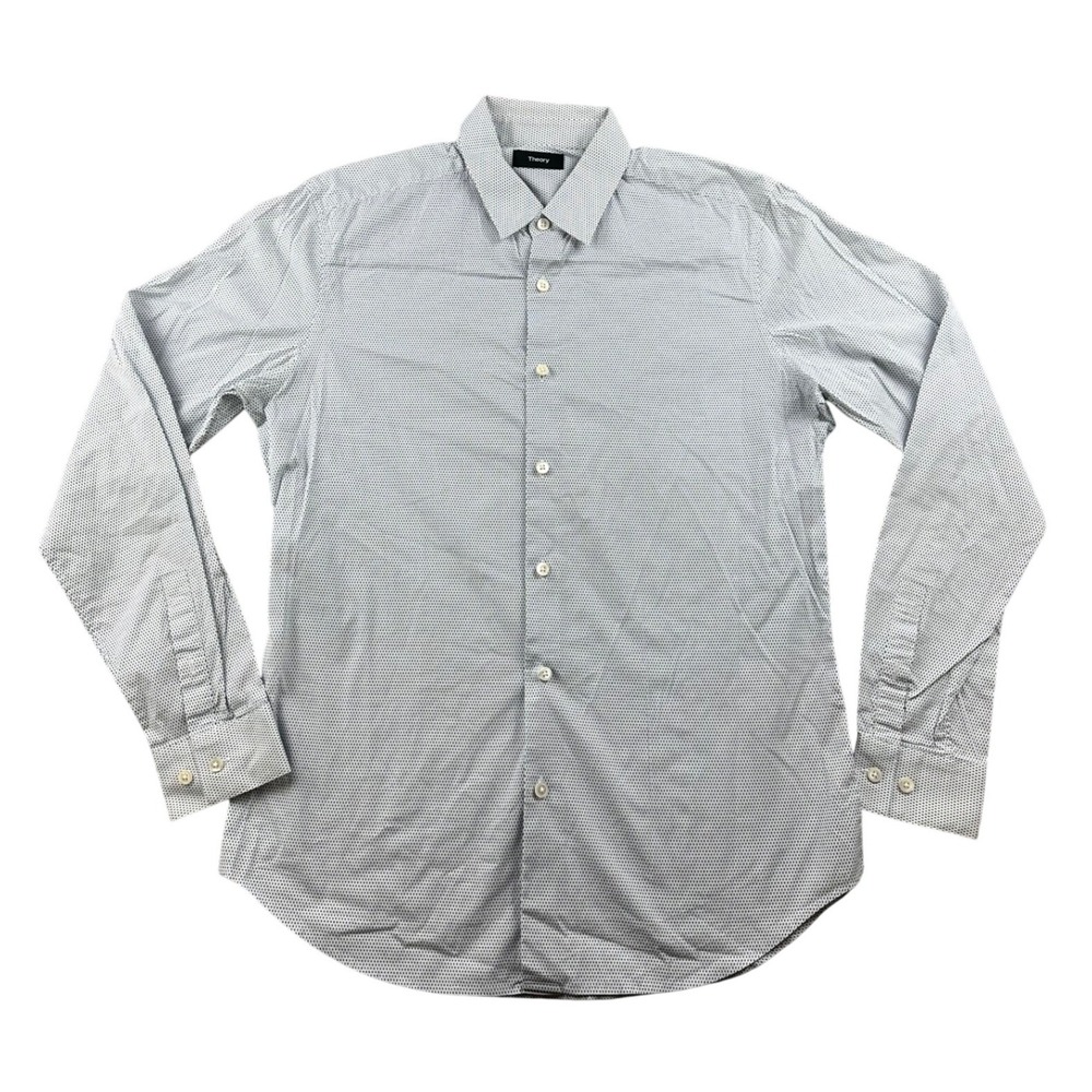Theory Sylvain O Slim Fit Button Front Men M Gray Snow Cotton Stretch Business